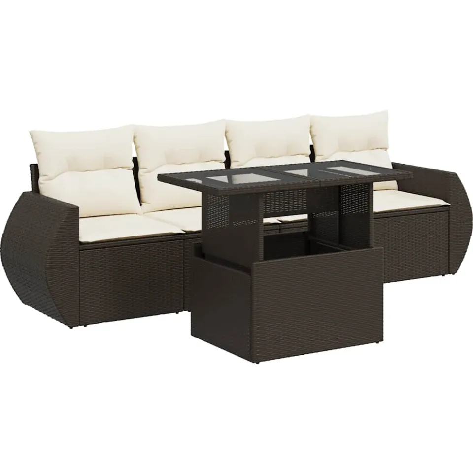vidaXL 5-delige Loungeset met kussens poly rattan bruin, foto 3