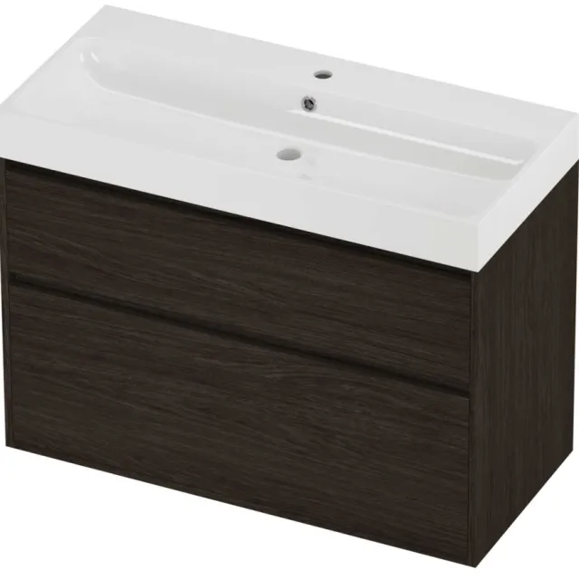 Proline Podium Badmeubelset Polystone Loft 1 Kraangat Greeploos 100x46x75 cm Glans Wit Mokka Oak Eiken