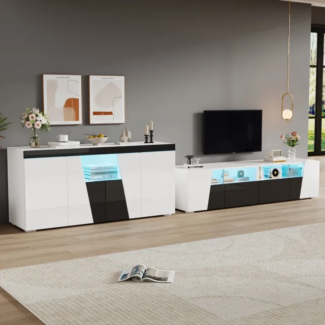 Clruro TV-meubel - 180x38.5x45 cm - LED en Hoogglans - Met Extra Bijzetkast - Hout - Zwart en Wit