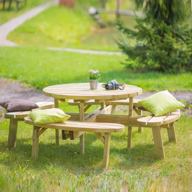 Rockwood® Picknicktafel Rond 1.20m met 4 rugleuningen inclusief montage op locatie Naturel