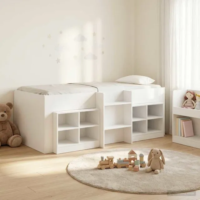 vidaXL Loft Bed Frame met Kast met plank 3 st Wit Bewerkt hout