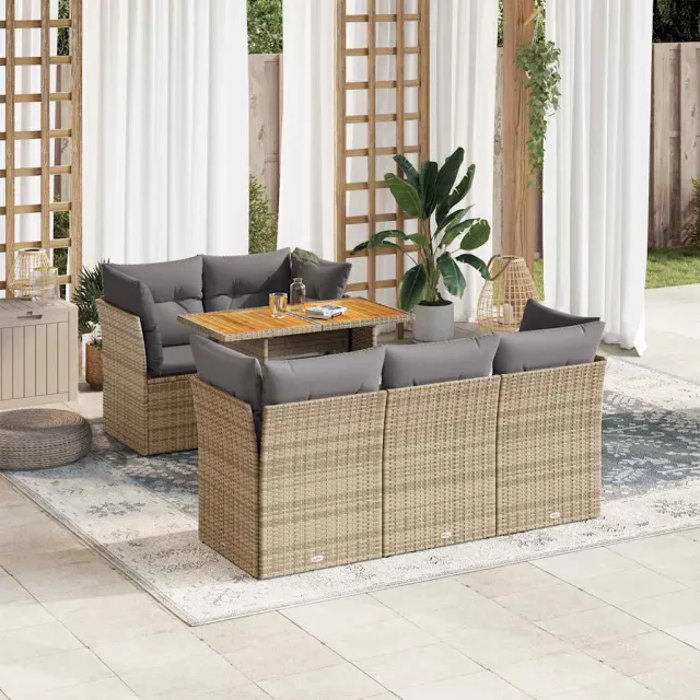 vidaXL 6-delige Loungeset met kussens poly rattan beige, foto 2