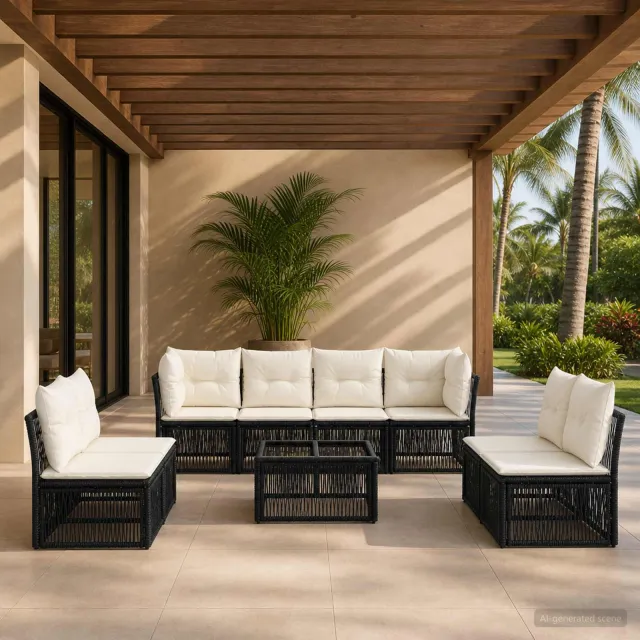vidaXL Tuinbankenset 9 st 8-zits Zwart poly rattan, foto 2