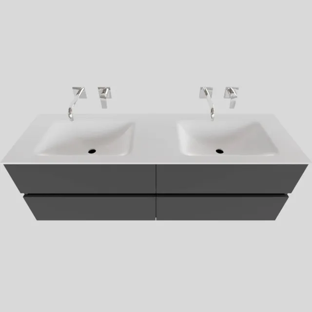 Boss & Wessing Badkamermeubel Solid Surface BWS Oslo 200x46 cm Mat Antraciet Wasbak Dubbel (0 kraangaten, 4 lades)
