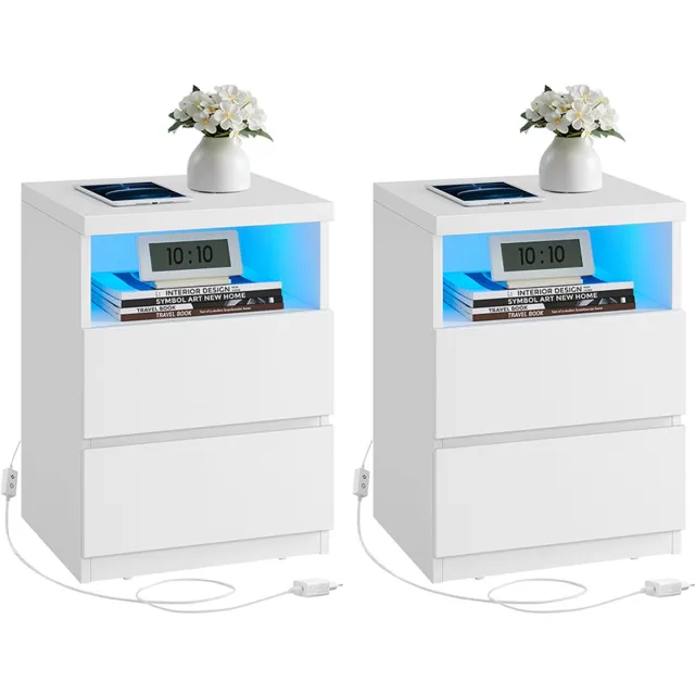 Songmics Nachtkastje – Set van 2 – Met Verstelbare LED-Verlichting – Wolkwit – Set