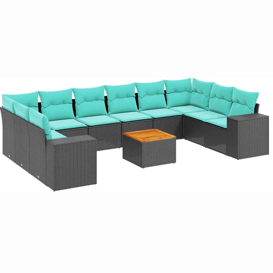 vidaXL 11-delige tuinbankset met kussens, zwart polyrotan