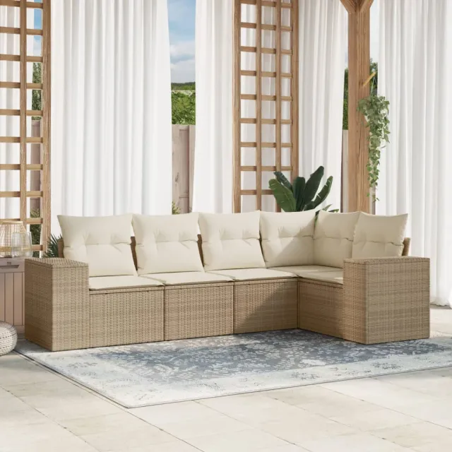 vidaXL 5-delige Loungeset met kussens poly rattan beige, foto 2