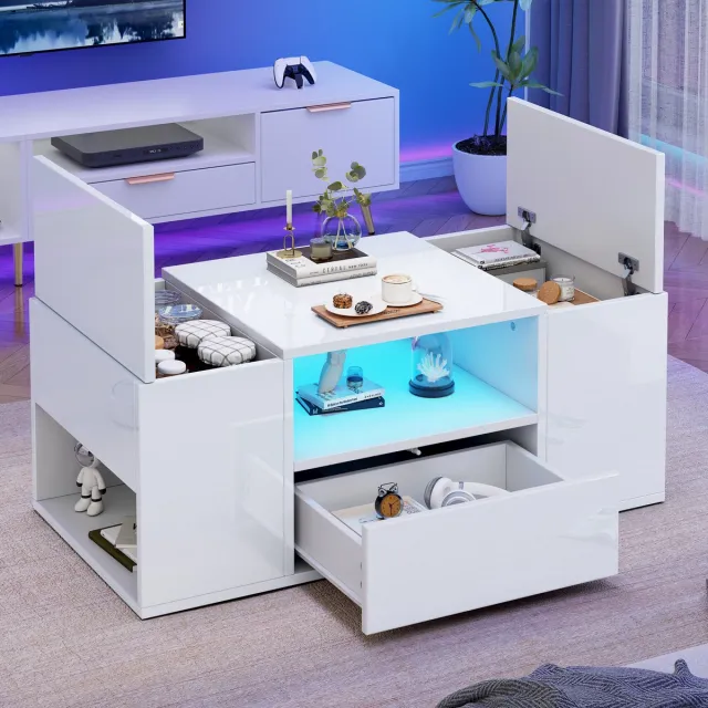 MUVANO Salontafel wit hoogglans - Salontafel met led verlichting - Salontafel met lade - Koffietafel met opbergruimte - 100x50x40 cm - App bediening - Woonkamer Wit