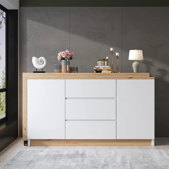 MODENUIT Bureau - Opklapbaar Met Wielen En Opbergruimte - 2 Deuren En 3 Lades - Wit Eiken - 120x50x76,5 Cm White