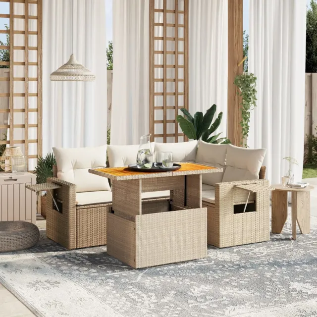 vidaXL 5-delige Loungeset met kussens poly rattan beige, foto 2