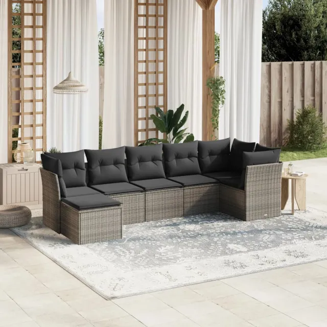 vidaXL 7-delige Loungeset met kussens poly rattan lichtgrijs grijs, foto 2