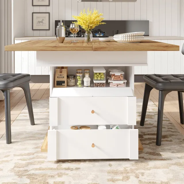 REDOM Uitschuifbare Eettafel - Met Opbergruimte En Klapdeur - MDF - 110-140 X 80 X 75 Cm Natuurlijk+Wit