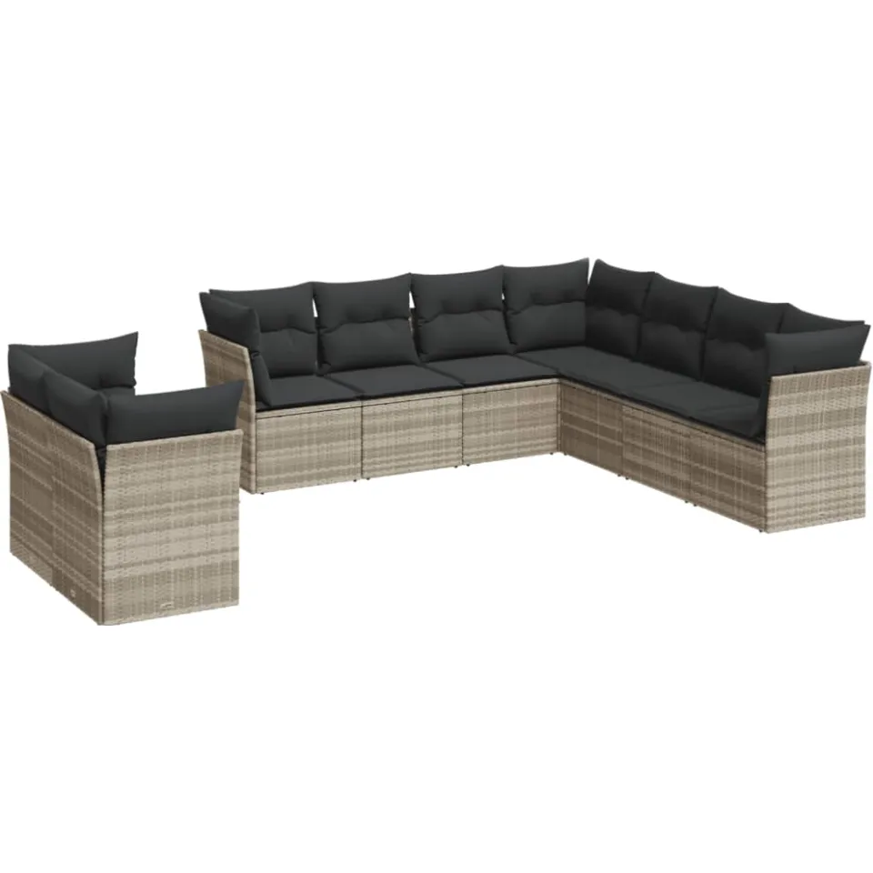 vidaXL 9-delige Loungeset met kussens poly rattan lichtgrijs