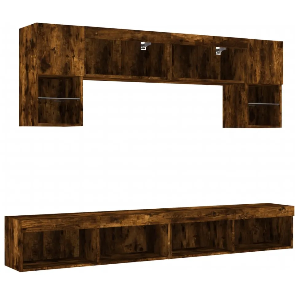 vidaXL 6-delige tv-wandmeubelset met LED bewerkt hout gerookt eiken Bruin