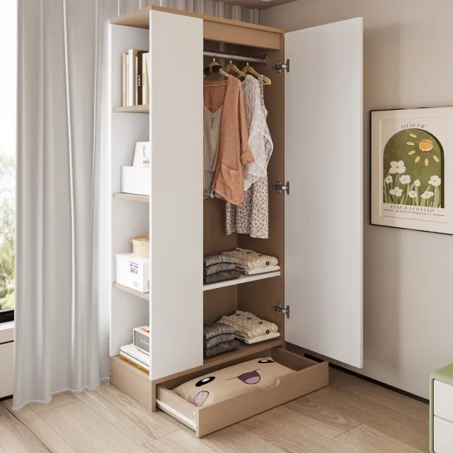 COVREO Kledingkast 70x40x170 cm – wit en houtlook, 1 deur, planken, lade en hanggedeelte Naturel + wit