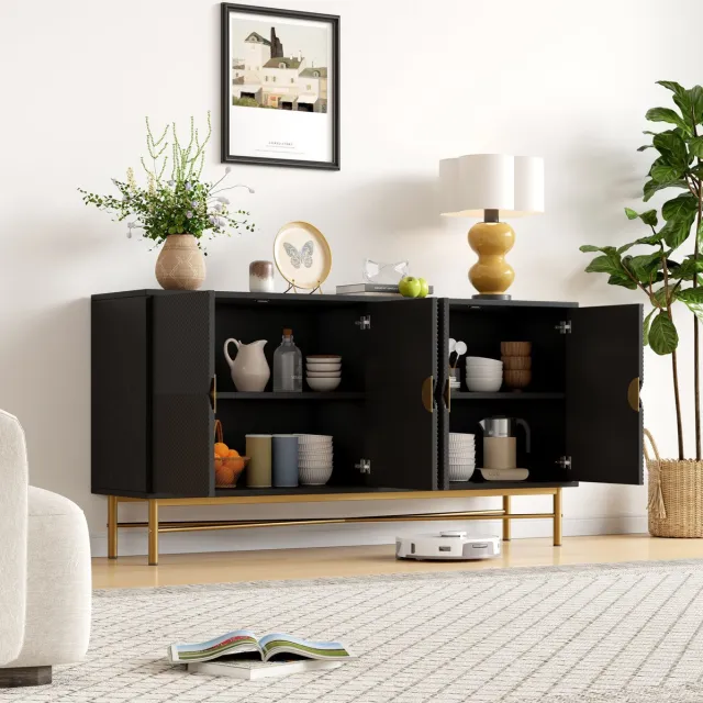 MEUNIQ dressoir 160 x 40 x 82 cm met 4 deuren, gesloten opbergkast voor woonkamer of eetkamer, zwart met houtkleurige deurfronten en gouden handgrepen