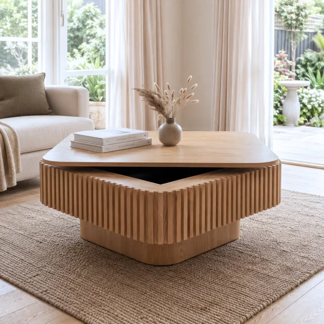 HAUSS SPOLE Salontafel - Afneembaar Blad En Opbergruimte - Voor Woonkamer En Slaapkamer - MDF En Houtfineer - 75x75x35 Cm - Natuurlijke Houtkleur Naturel hout
