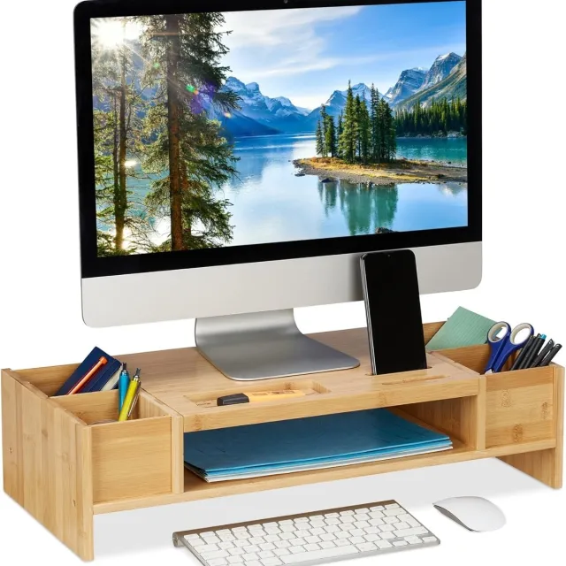 Famanu Monitorstandaard met opbergruimte - bamboe - HBD: 15,5x62,5x28cm - beeldschermverhoger voor bureau - natuur