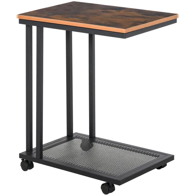 Merax C-vorm Bijzettafel met Wielen – Industrieel Laptoptafel / Sofa Tafel – Verrijdbare Salontafel met Opbergrek – Zwart Walnoot 51x36x65 cm