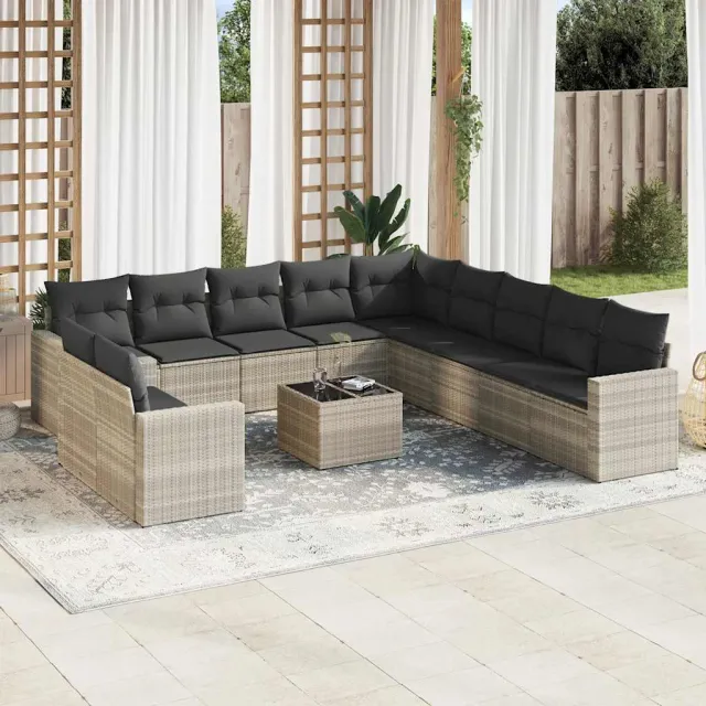 vidaXL 12-delige Loungeset met kussens poly rattan lichtgrijs grijs, foto 2