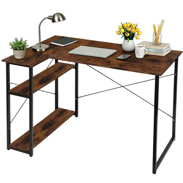 PIPIPOXER Bureau-Retro Schrijftafel - Computerbureau met 2 planken- Bureautafel van hout en metaal - Industrieel design - met opbergvak - 120 x 70 x 75 cm-Verbrande houtkleur