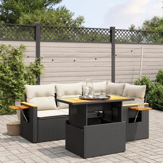 vidaXL 5-delige Loungeset met kussens poly rattan zwart