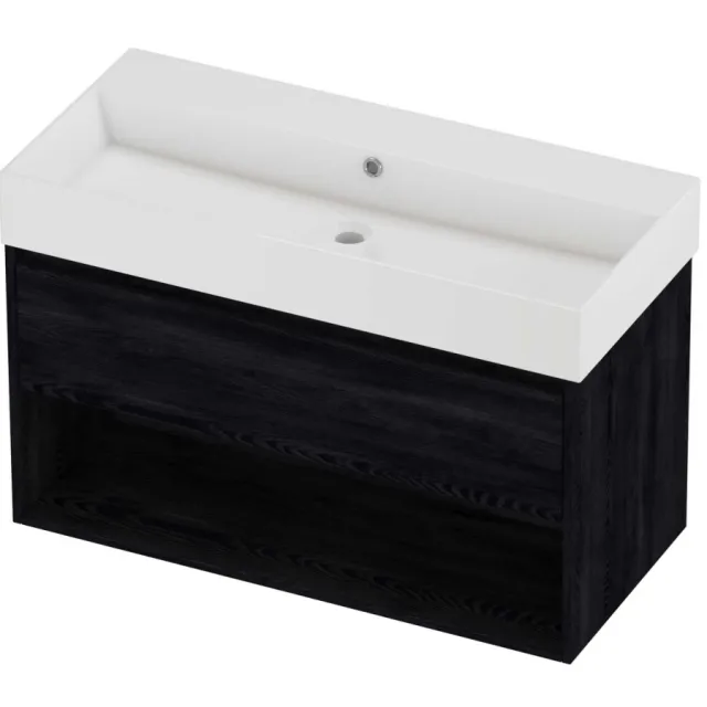 Proline Zara Badmeubelset Porselein Loft Schap 100x46x65 cm Glans Wit Black Oak Eiken