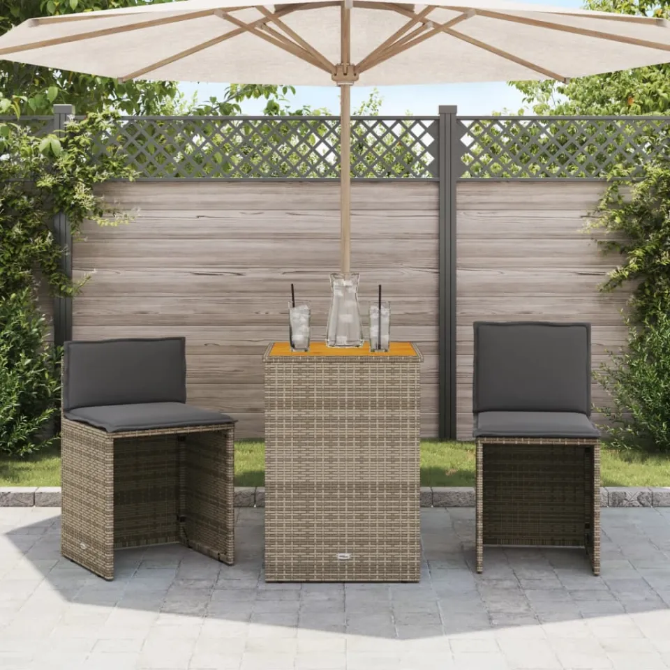 vidaXL 3-delige Bistroset met kussens poly rattan grijs, foto 2