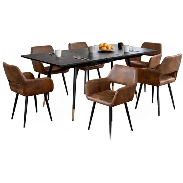 MEUBLE COSY Eetkamerset - Uittrekbare Tafel En 6 Stoelen Met Armleuningen - Bruin