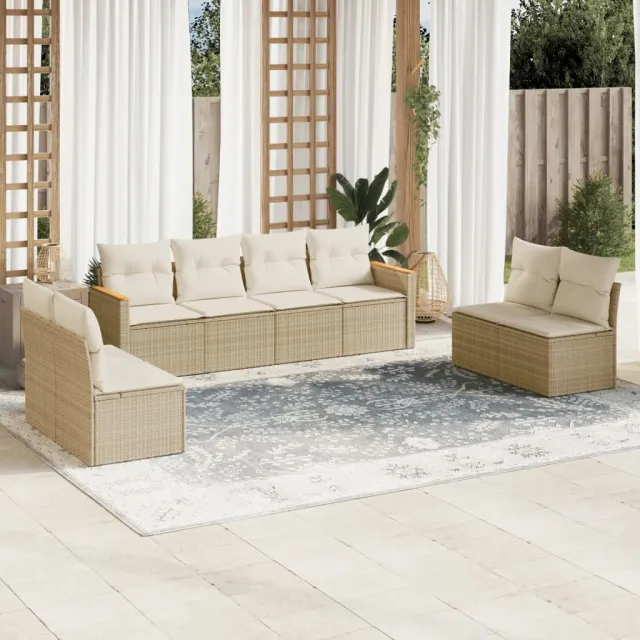 vidaXL 8-delige Loungeset met kussens poly rattan beige, foto 2