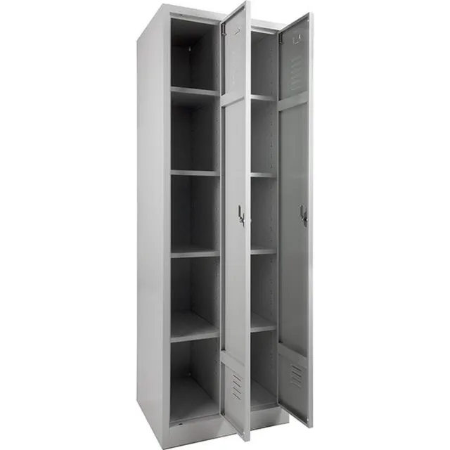 ABC Kantoormeubelen Garderobekast voorzien van legborden in alle kolommen Aantal deuren 2 Aantal legborden 8 Breedte 60CM Hoogte 190CM Kleur frame Licht grijs (Ral 7035) Soort poot Met pootje Slot Met hangoogsluiting