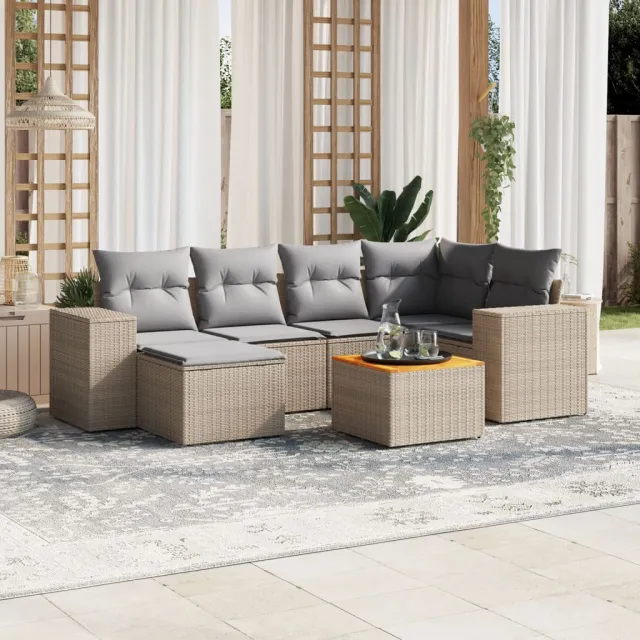 vidaXL 7-delige Loungeset met kussens poly rattan beige, foto 2