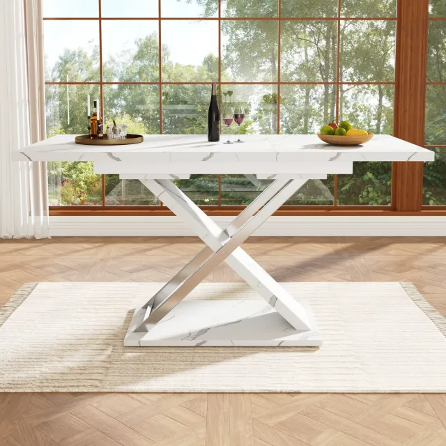 REDOM Eettafel - Uitschuifbaar - Kruispoten - Marmerlook - Keuken Of Woonkamer - MDF En Metaal - Wit - 118-157 X 75 X 76,4 Cm