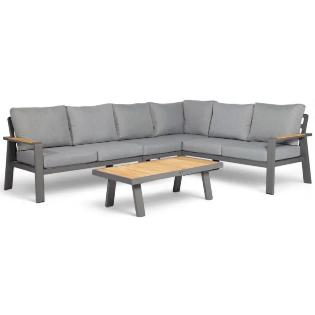 Belito Loungeset Aluminium Belito® - Loungeset 6 persoons - Antraciet - Waterafstotende Olefin Kussens - Teakhouten tafel en leuningen - Weerbestendig - Natuurlijke look