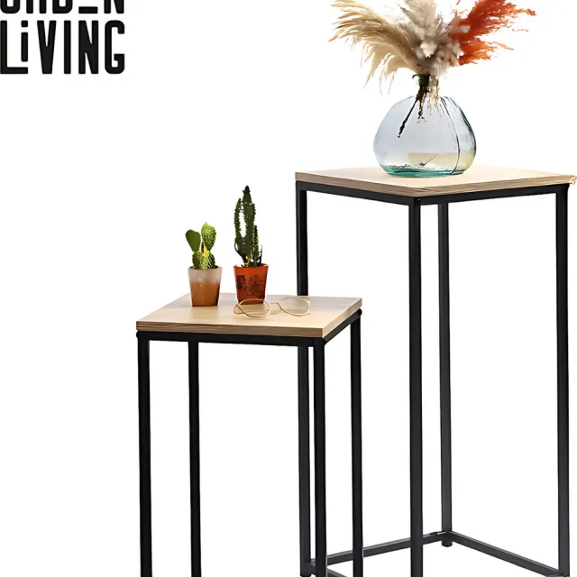 Urban Living Bijzettafel/plantenstandaard set - 2-delig - zwart/bruin - metaal/hout - D30 x H54 cm en D34 x H74 cm Lichtbruin
