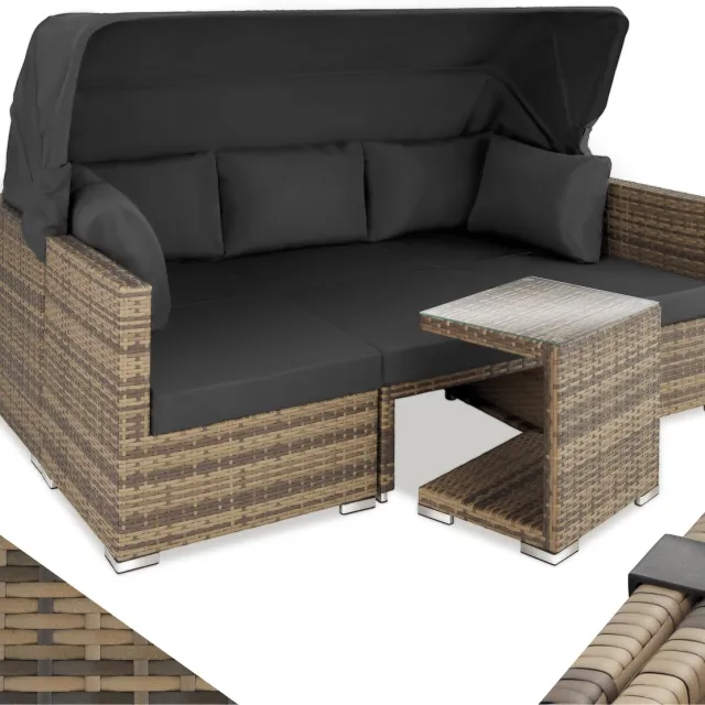 Tectake Wicker zonneeiland zitgroep, loungemeubelset inclusief bank met zonnekap, kruk, fauteuils en tafel, tuinmeubilair, loungemeubel balkon en tuin, terrasmeubilair, weerbestendig - natuurkleur/beige