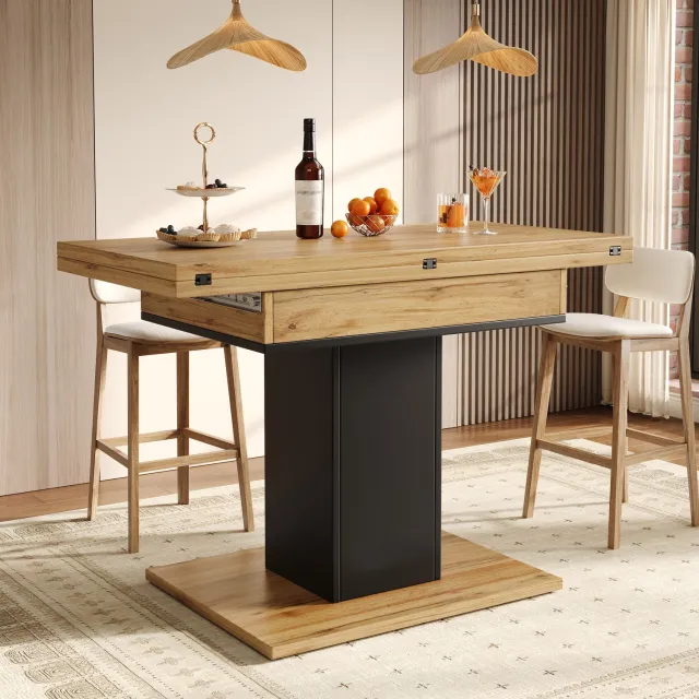 FloraGrace Eettafel - Uitschuifbaar Met Verborgen Opbergruimte - Voor Keuken En Eetkamer - MDF - 60-120x120x75,1 Cm - Naturel