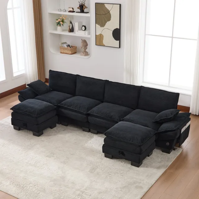 MIVRAY Hoekbank 330 x 132 x 84 cm - Modulair Met Usb C En Hockers - Voor Woonkamer Of Kantoor - Corduroy Zwart Zwart, 4-zitsbank
