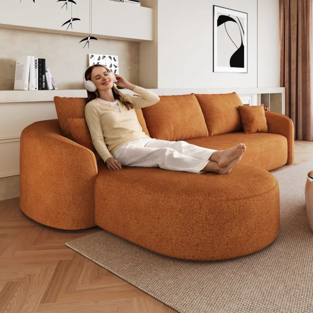 OKWISH Hoekbank 266 Cm - Modulaire L-Vormige 3-Zitsbank Zonder Montage - Voor Woonkamer En Slaapkamer - Chenille - Oranje
