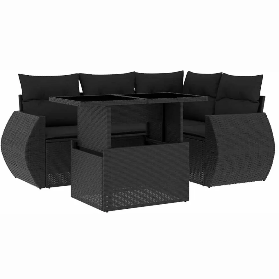 vidaXL 5-delige Loungeset met kussens poly rattan zwart, foto 3