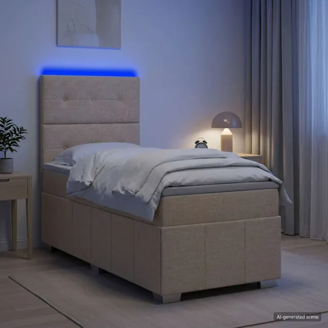vidaXL LED Boxspring Bed met Matras Crèmekleurig 90 x 200 cm Stof