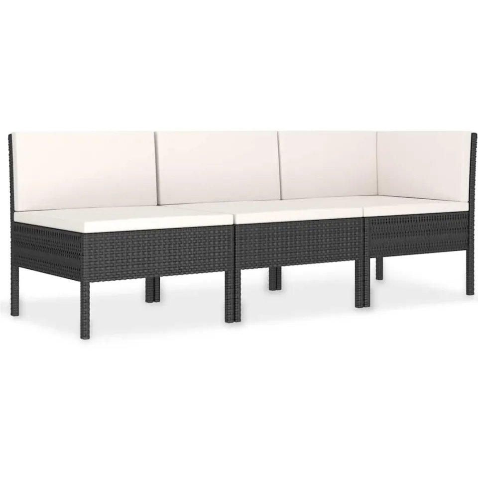 vidaXL 3-delige Loungeset met kussens poly rattan zwart
