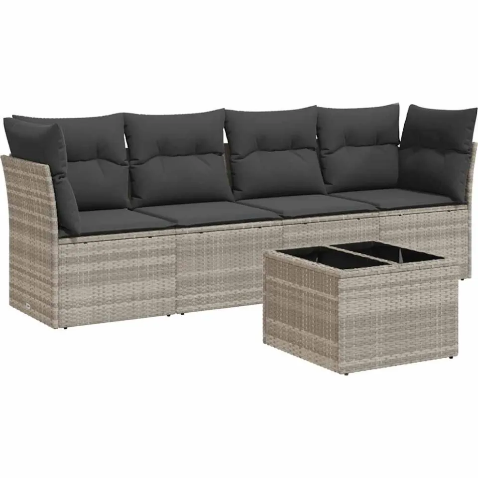 vidaXL 5-delige Loungeset met kussens poly rattan lichtgrijs