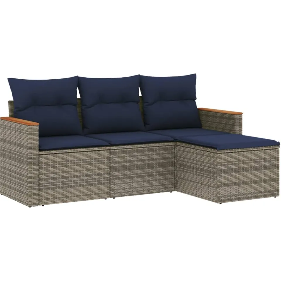 vidaXL 4-delige tuinbankset met kussens, grijs polyrotan, foto 3