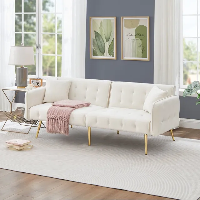 Welltin Slaapbank 2 Persoons - Verstelbare rugleuning - Gouden poten - Zetelbed - Vouwbed - 178x82x70 cm - Flueel - comfortabel - Wit