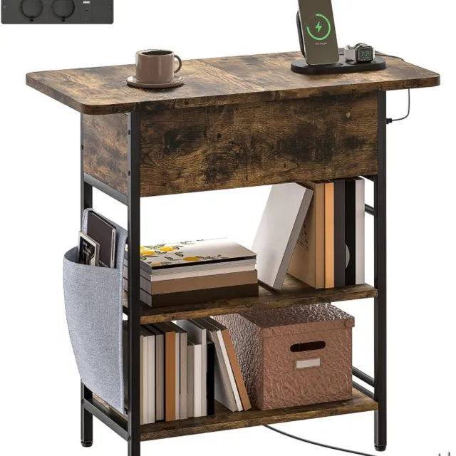Merax Bijzettafel Met Stopcontacten En USB Aansluitingen - Met Opbergvak En 2 Open Planken - Industrieel - Rustiek Bruin - 60 X 29,8 X 58,5 Cm
