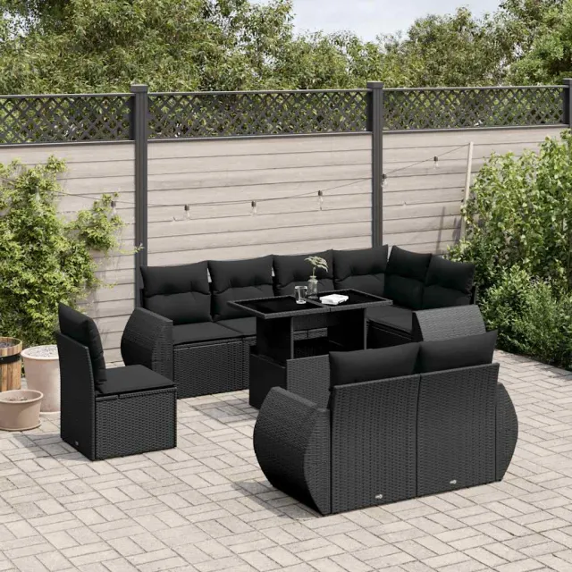 vidaXL 9-delige Loungeset met kussens poly rattan zwart, foto 2