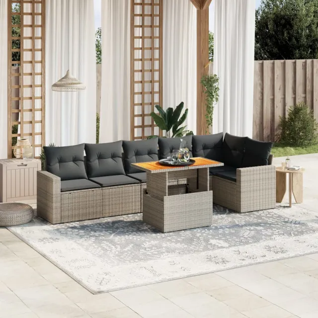 vidaXL 7-delige Loungeset met kussens poly rattan grijs, foto 2