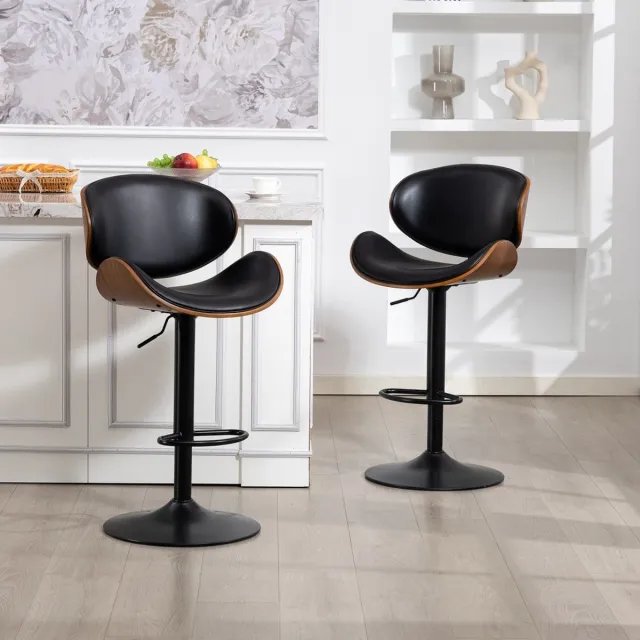 Pugsdrly Draaibare barkrukken, set van 2, in hoogte verstelbare barkrukken van gebogen hout, barkruk met PU-leren bekleding, ergonomische rugleuning en voetsteun, barkrukken voor de bar of het keukeneiland thuis Zwart
