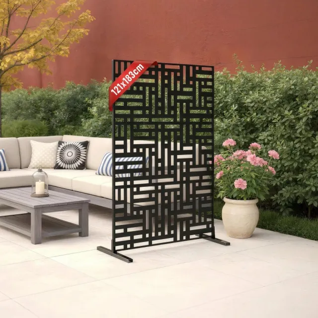 Froadp 3-delige kamerscherm privacybescherming van metaal, zwart, 121×183×40 cm, vrijstaande scheidingswand voor binnen en buiten, moderne scheidingswand voor balkon, terras, tuin en woonkamer